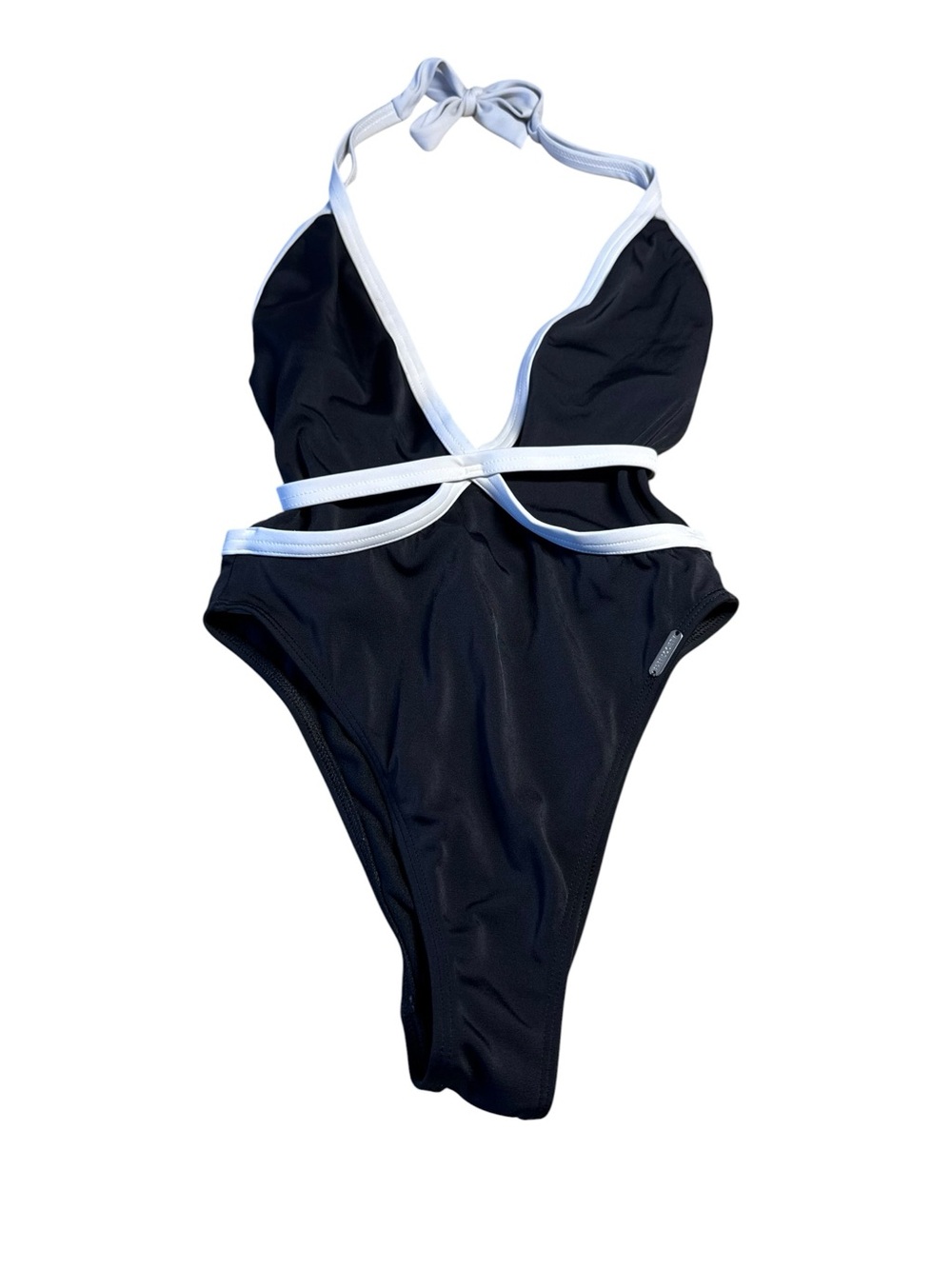 Chic Black One-Piece Halter Swimsuit with White Trim